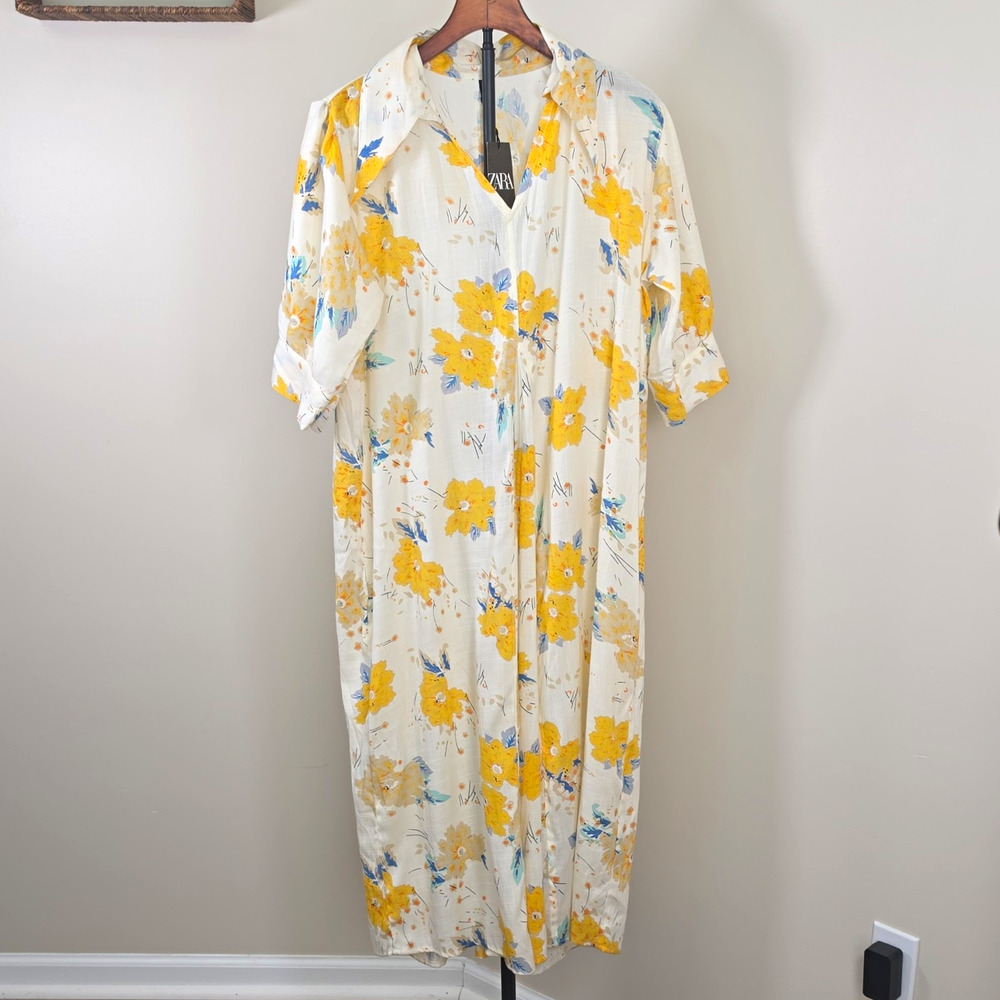 NWT ZARA White Yellow Blue Floral A-Line Dress V-Neck 3/4 Sleeve Long 2XL